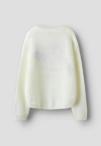 Maglione lavorato a maglia color crema, vestibilità ampia con scollatura rotonda, polsini e orlo a costine, caratterizzato da un motivo testurizzato su tutta la superficie. Vista posteriore mostrata.