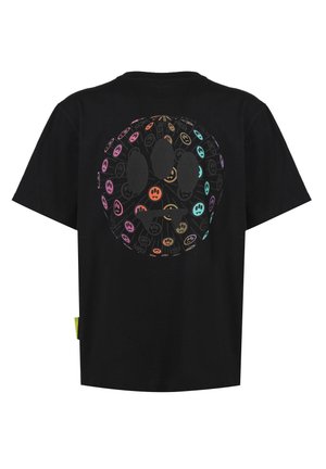 Black t-shirt with a large multicolored 3D spherical pattern of repeating sad face emojis on the back.