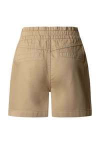 Beige afslappede shorts med elastisk taljebånd og to baglommer med paspoler, lavet af robust stof.
