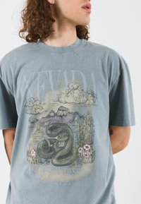 Camiseta de algodón gris con un diseño gráfico de una serpiente, montañas, nubes y flores, con el texto "Nevada" y "Parque Nacional del Desierto de Great Basin".