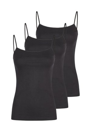 Three black sleeveless camisoles with thin shoulder straps, displayed overlapping against a white background.