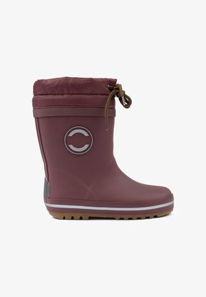 Bordeauxrote wasserdichte Stiefel mit grauem Logo, verstellbarem oberen Teil, strukturiertem Gummisohle und gepolstertem Innenfutter für Komfort.