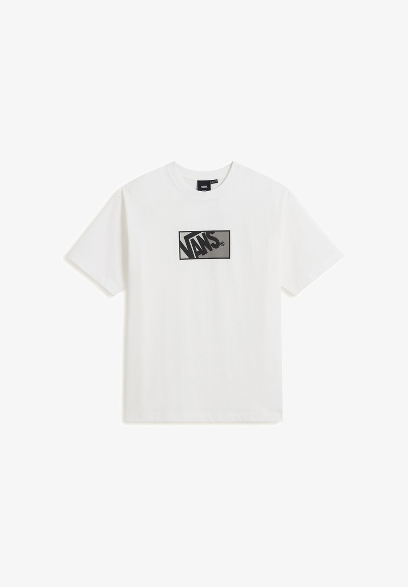 Bílá bavlněná trička s krátkým rukávem a kulatým výstřihem, na přední straně s obdélníkovým černobílým logem Vans. Klasický střih.