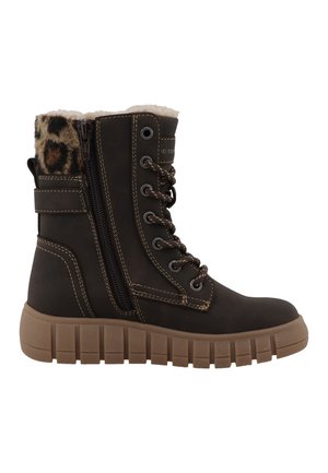 Mørkebrun snørestøvle til vinter med sidesyning, tyk beige sål, kontrastsyninger og leopardmønstret falsk pelskraveforing.