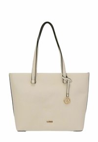 Borsa tote beige con rifiniture nere, realizzata in materiale sintetico liscio. Presenta due manici neri, un ciondolo con il logo e una forma rettangolare strutturata.