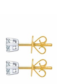 Naušnice na šarafe od zlata i srebra s istaknutim prozirnim dragim kamenom, ukrašene zakrivljenim detaljem na žutom zlatnom stalku.