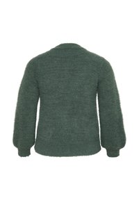 Grøn fuzzy sweater med rund krave, lange ærmer og en struktureret overflade. Designet er enkelt, uden mønstre eller udsmykninger.