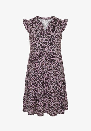 Šaty bez rukávů délky ke kolenům s růžovým a černým leopardím potiskem, volánkové detaily na ramenou a vícevrstvým střihem sukně.