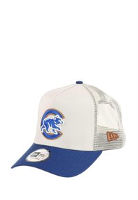 Baseball cap with a blue and cream design, featuring a blue bear logo and mesh back. Adjustable strap with a leather accent.