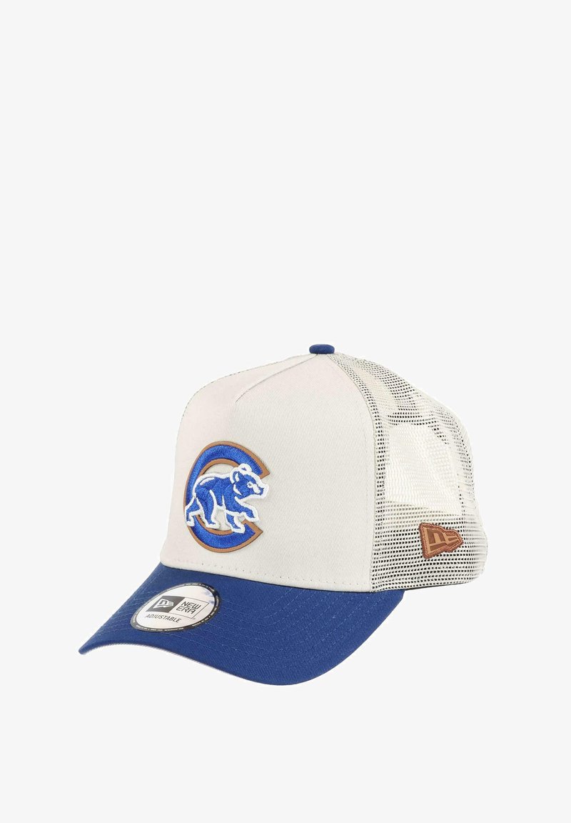Baseball cap with a blue and cream design, featuring a blue bear logo and mesh back. Adjustable strap with a leather accent.