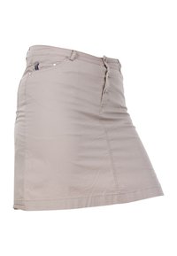 Beige denim skirt with a fitted design, five-button closure, and side pockets; smooth texture with stitched hem and slight flare at the bottom.