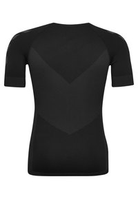 Musta lyhythihainen paita, jossa on teksturoitu, vaihteleva kuviointi selässä. Valmistettu sileästä, joustavasta ja hengittävästä kankaasta.