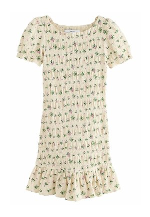 Kreemivärvi lühikeste varrukatega kleit, millel on smockitud disain ja lillemustrid roosa ja rohelise värviga ning volangäär.