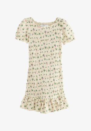 Vestido de manga corta en color crema con un diseño fruncido que presenta patrones florales en rosa y verde, y un dobladillo con volantes.