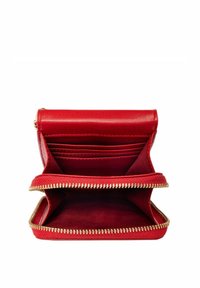 Czerwony skórzany portfel z zamknięciem na zamek błyskawiczny, oferujący wiele slotów na karty oraz dwie przegrody. Złote akcenty zamka błyskawicznego na krawędziach.