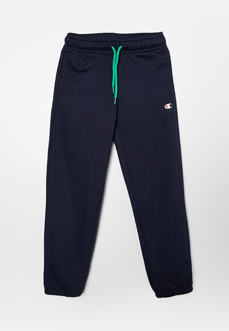 Pantalons de survêtement bleu marine en tissu texturé, avec taille élastique, cordon de serrage vert et poches latérales. Présente un petit logo sur la cuisse.