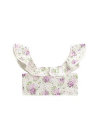 Floral crop top met ruches mouwen, gemaakt van witte stof. Heeft lavendel en groene bloemenpatronen met gaatjesdetails.
