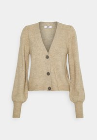 Cárdigan de punto beige con escote en V, cinco botones y mangas abullonadas. La tela tiene una sutil textura y detalles acanalados.