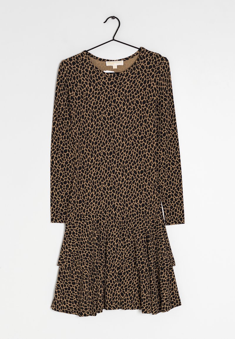 Robe à manches longues avec un motif léopard noir et marron, dotée d'un bas évasé avec des volants. Fabriquée en matériau doux et flexible.