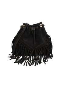 Borsa a secchiello in suede nero con dettagli in frange, hardware tono oro e chiusura a coulisse. Texture morbida con forma arrotondata.