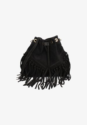 Schwarze Wildleder-Bucket-Bag mit Fransen, goldfarbenen Beschlägen und einem Zugverschluss. Weicher Stoff mit runder Form.