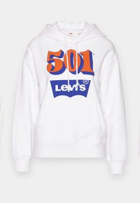 Vit hoodie med en stor orange "501" och blå "Levi's" logotypgrafik. Har en känguruficka och dragsko på huvan. Mjuk tyg.