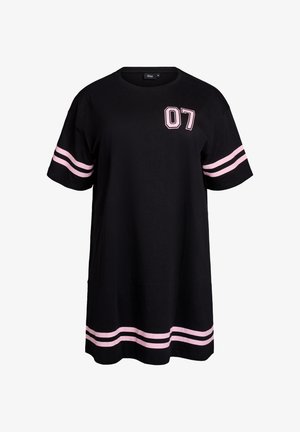 Črna kratkosleeve obleka iz bombaža z rožnatim številom "07" na prsih ter rožnatimi črtami na rokavih in robu.