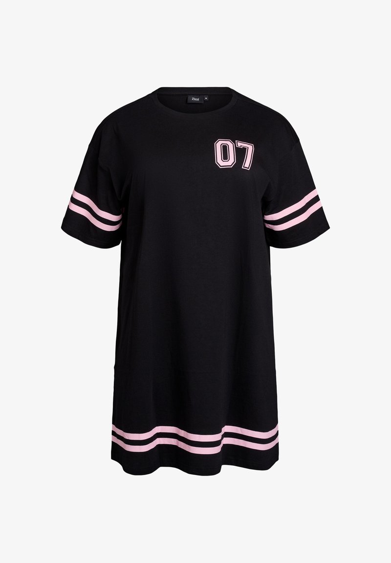 Crna kratka majica-haljina s kratkim rukavima od pamuka, s ružičastim brojem "07" na prsima i prugastim ružičastim detaljima na rukavima i porubu.