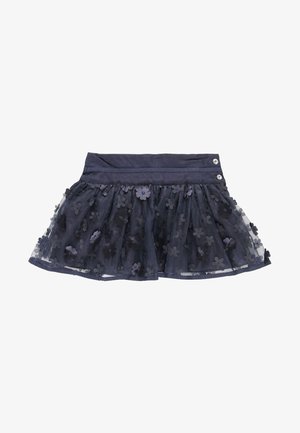 Jupe pour tout-petit de couleur bleu marine en tulle superposé, ornée de petites appliques florales et dotée d'une taille unie avec deux boutons sur les côtés.