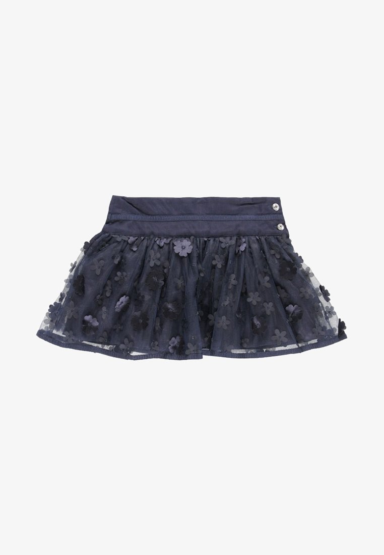 Jupe pour tout-petit de couleur bleu marine en tulle superposé, ornée de petites appliques florales et dotée d'une taille unie avec deux boutons sur les côtés.