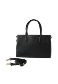 Sac fourre-tout en cuir noir avec une finition texturée, deux poignées supérieures et une bandoulière amovible. Accents de quincaillerie dorée.