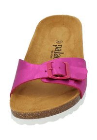 Rosa slide-sandal i storlek 38 med en bred rem och en spänndetalj. Naturlig korkfotbädd med en mjuk mikrofiberliknande yta.