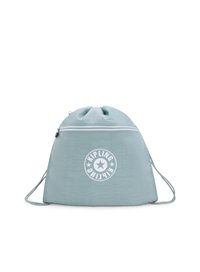 Sacca con cordino di un blu brillantinato realizzata in tessuto testurizzato. Presenta un logo circolare bianco e dettagli in zip argentata. Forma controllata con spallacci regolabili.