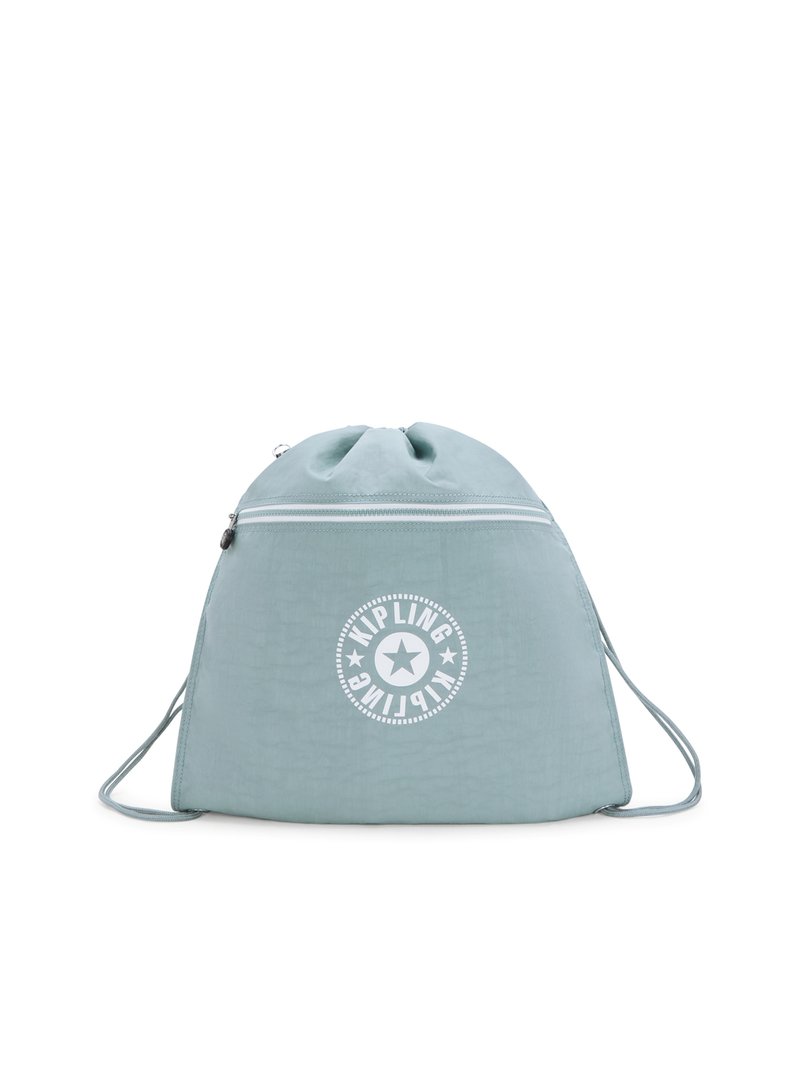 Sacca con cordino di un blu brillantinato realizzata in tessuto testurizzato. Presenta un logo circolare bianco e dettagli in zip argentata. Forma controllata con spallacci regolabili.