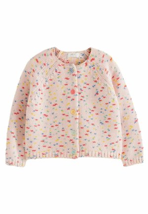 Cardigan bébé tricoté rose clair avec des éclaboussures multicolores et cinq boutons pastel dépareillés sur le devant.