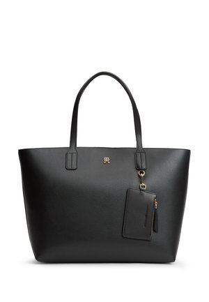 Borsa a mano in pelle nera con doppio manico, piccola pochette nera attaccata e piccolo logo dorato al centro sulla parte anteriore.
