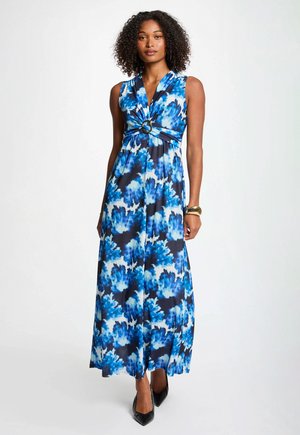 Maxikleid in blau-weißem Blumenmuster, ärmelloses Design mit plissiertem Oberteil. Verfügt über einen kreisförmigen Akzent an der Taille.