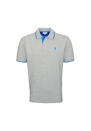 Grijze polo shirt gemaakt van katoen, met een blauwe kraag en mouwaccenten, en een klein geborduurd logo op de borst.