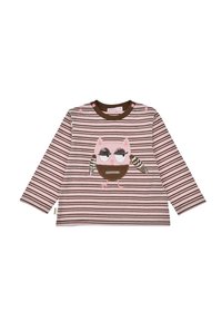 Gestreiftes Langarmshirt in Rosa und Braun mit einem Eulenapplikation. Mit Rundhalsausschnitt, Druckknöpfen an den Schultern und strukturierten Akzenten auf der Eule.