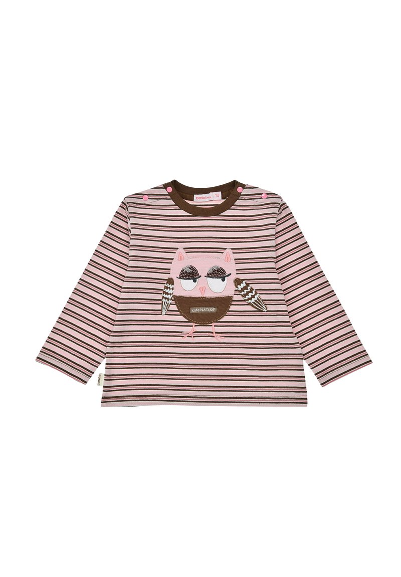 Gestreiftes Langarmshirt in Rosa und Braun mit einem Eulenapplikation. Mit Rundhalsausschnitt, Druckknöpfen an den Schultern und strukturierten Akzenten auf der Eule.