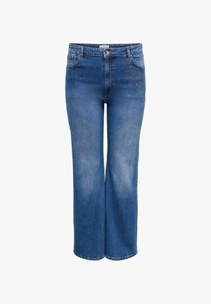 Jean en denim bleu taille haute avec une coupe évasée, présentant un motif floral subtil en sequins sur le devant.