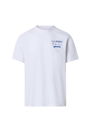 T-shirt bianca in cotone con maniche corte, con testo e grafiche stampate in blu, inclusi una freccia e icone legate alla spiaggia.
