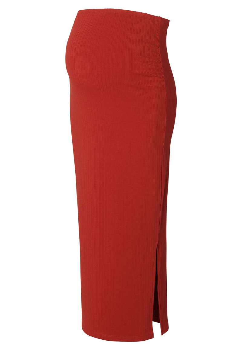 Rote, gerippte Midi-Rock mit hohem Bund und seitlichem Schlitz, aus dehnbarem Material für Komfort und eine figurbetonte Silhouette.