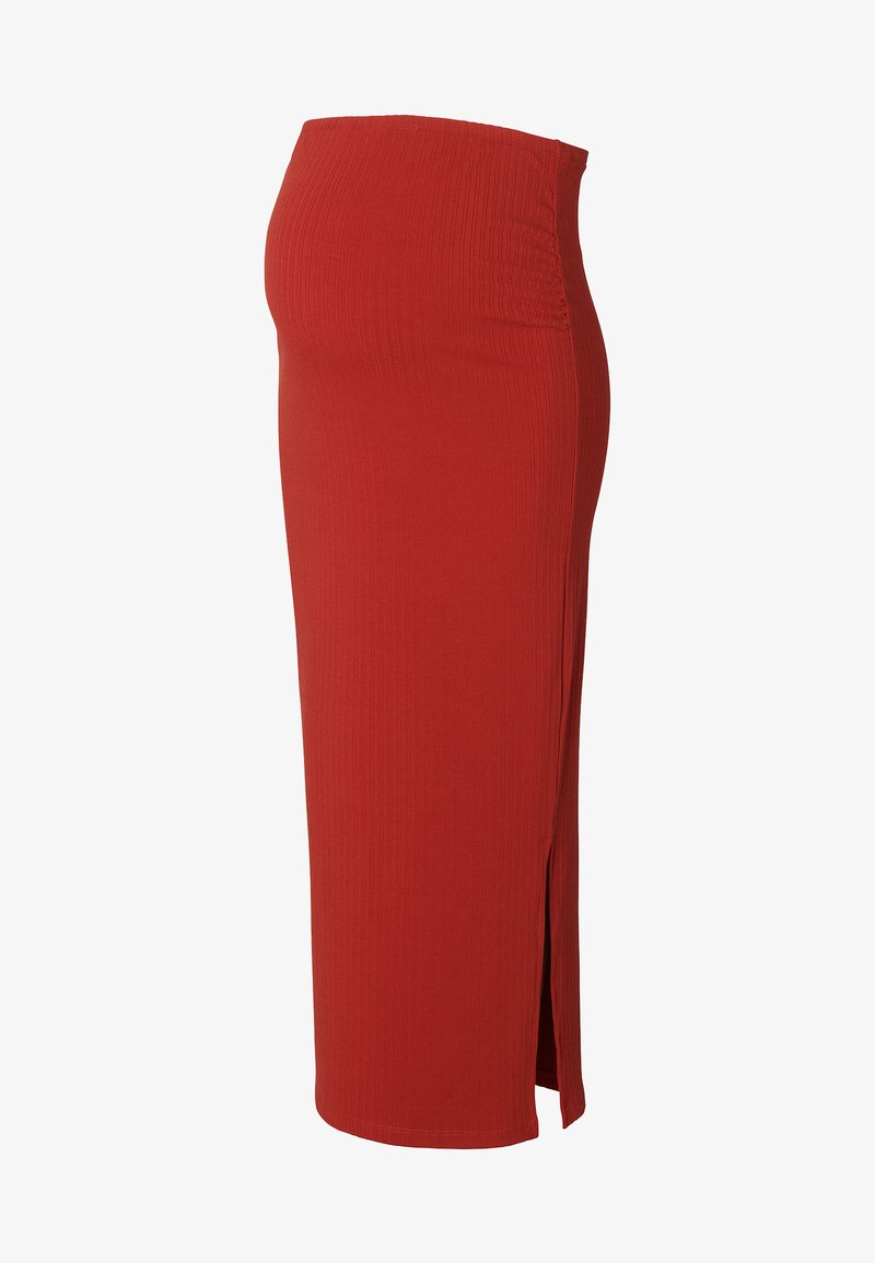 Rote, gerippte Midi-Rock mit hohem Bund und seitlichem Schlitz, aus dehnbarem Material für Komfort und eine figurbetonte Silhouette.