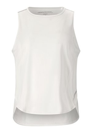 Hvid ærmeløs atletisk tanktop med rund halsudskæring og mesh i den nederste del af ryggen, designet til kvinder.