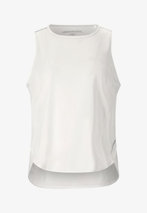 Hvid ærmeløs atletisk tanktop med rund halsudskæring og mesh i den nederste del af ryggen, designet til kvinder.