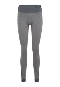 Graue Leggings mit einem breiten, dunkelgrauen Bund, gewobenem Stoff und kontrastierenden Nähten an den Seiten. Markenlogo am Bund.
