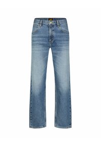 Light blue denim jeans with a straight leg design, featuring a high waist, front pockets, and visible stitching. No embellishments or patterns.