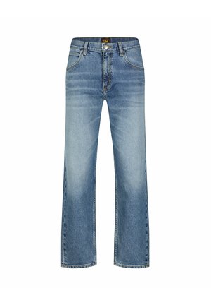 Hellblaue Denim-Jeans mit geradem Schnitt, hoher Taille, vorderen Taschen und sichtbaren Nähten. Keine Verzierungen oder Muster.