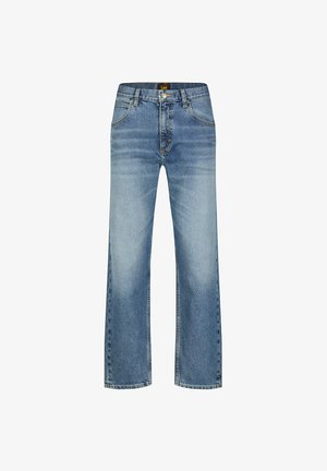 Jeans in denim blu chiaro con design a gamba dritta, caratterizzati da una vita alta, tasche frontali e cuciture a vista. Senza decorazioni o fantasie.